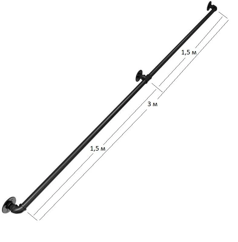 Карниз LOFT из стальных водопроводных труб и чугунных фитингов, с кольцами-крючками (без штор)